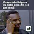 Meme with smiling person pointing to head, WF Business logo in corner