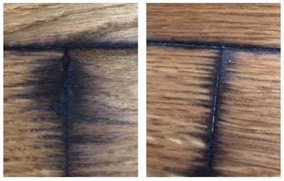A dark, black discoloration occurred in a white oak floor after a contractor was sanding and refinishing a customer’s floors.