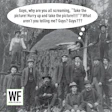 Vintage logging crew photo with large tree and WF Business logo