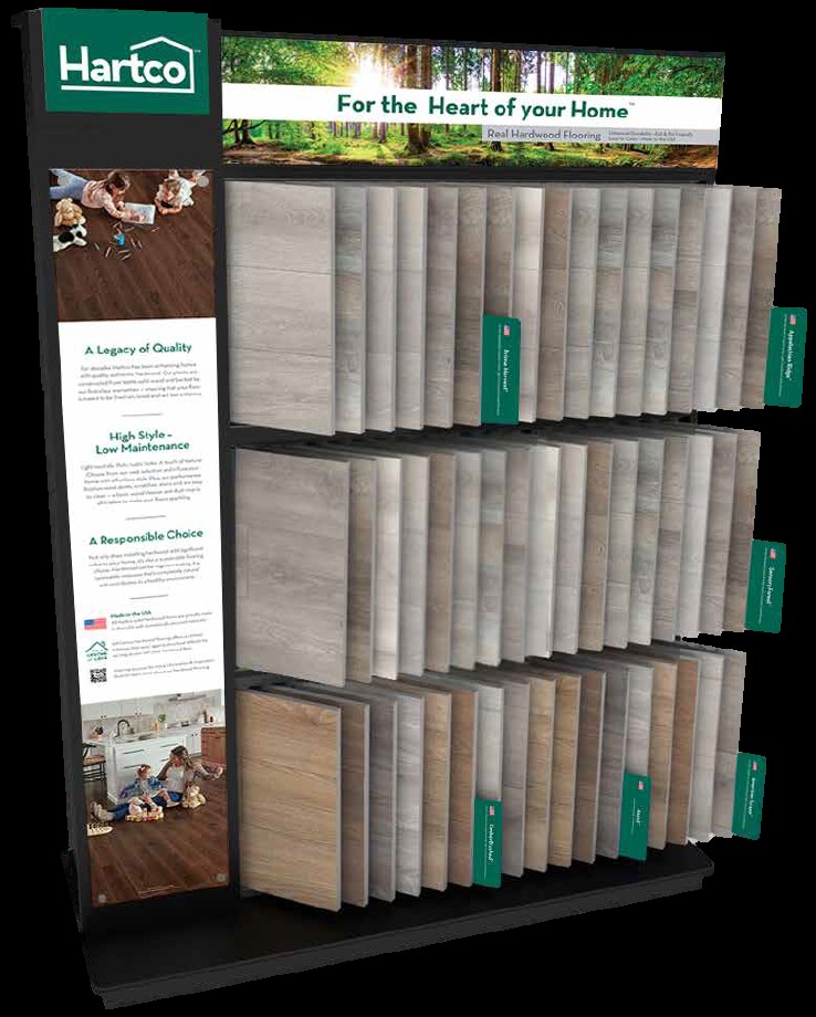 Hartco hardwood flooring display with wood samples in various neutral tones