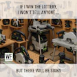 Workshop filled with professional Festool power tools on wooden pegboard shelves