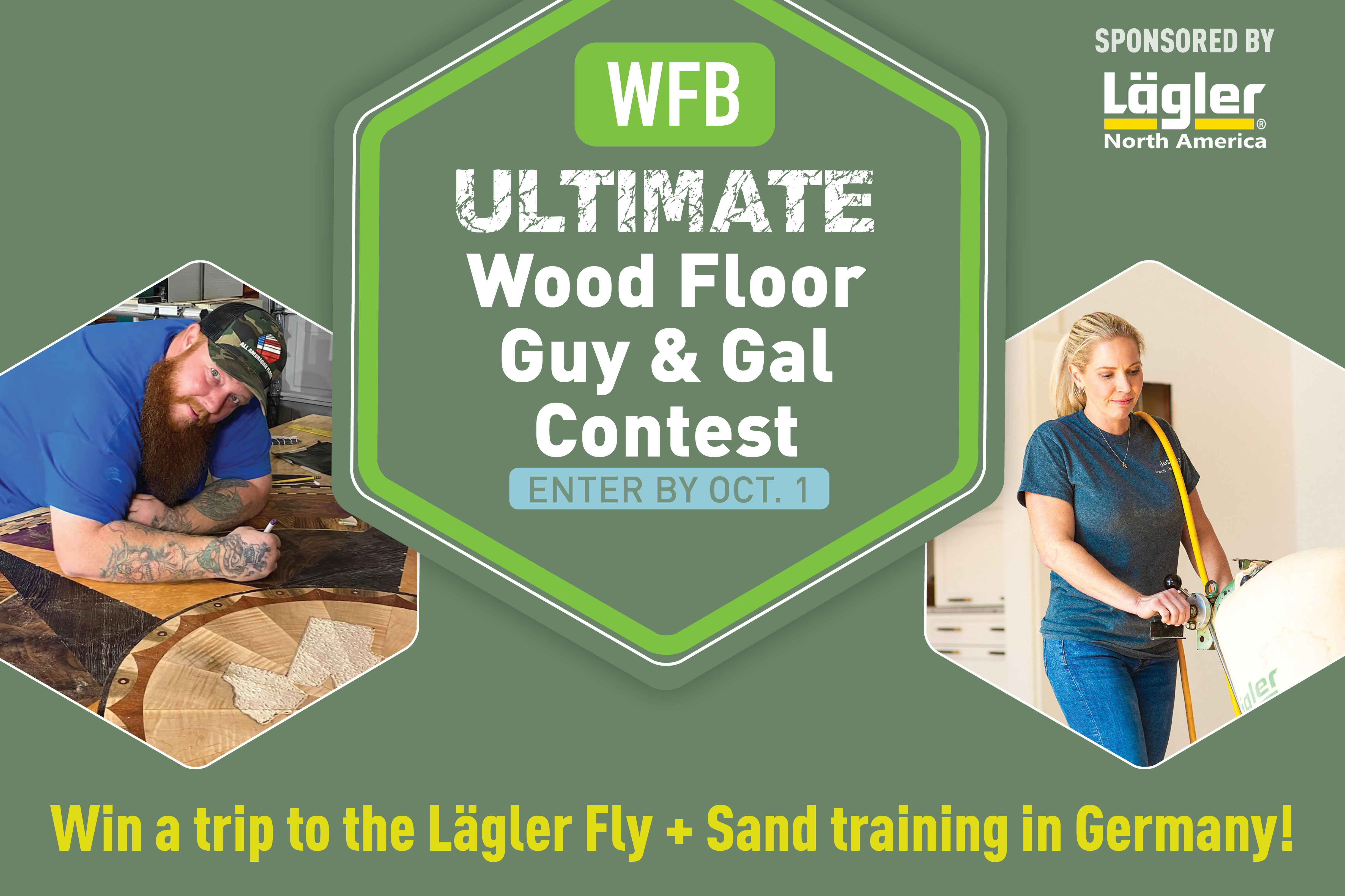 WFB Ultimate Wood Floor Guy & Gal Contest promotional banner with workers