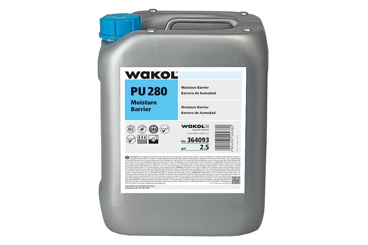 Wakol PU 280 Moisture Barrier chemical container in gray and blue