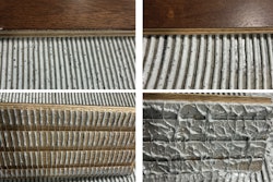 Check out the adhesive transfer with the small trowel at left (maybe 40%) and the transfer with the big trowel at right (between 95–100%).