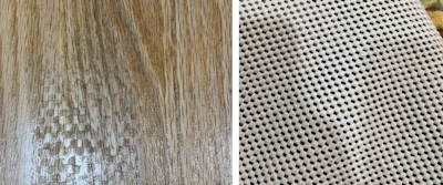 The non-skid pad under an area rug, shown at right, created this pattern in the waterborne finish.