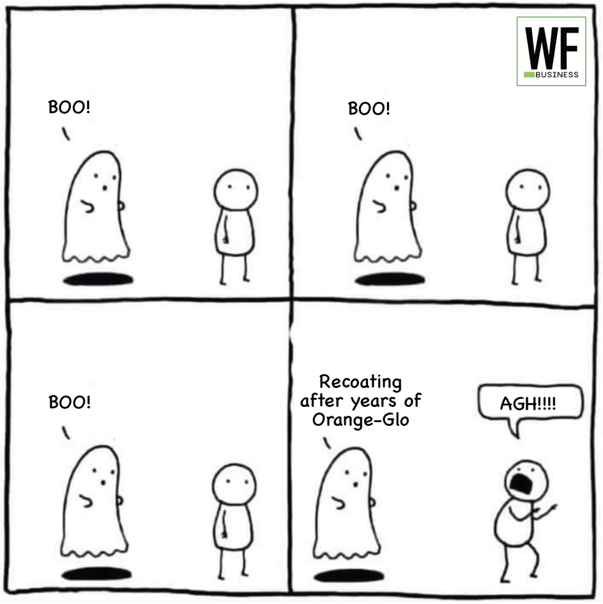 Comic strip of ghost trying to scare stick figure, with humorous twist ending