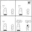 Comic strip of ghost trying to scare stick figure, with humorous twist ending