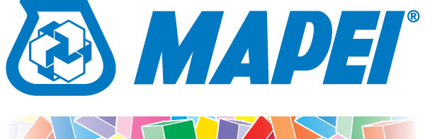 Mapei corporate logo with blue shield icon and colorful geometric background
