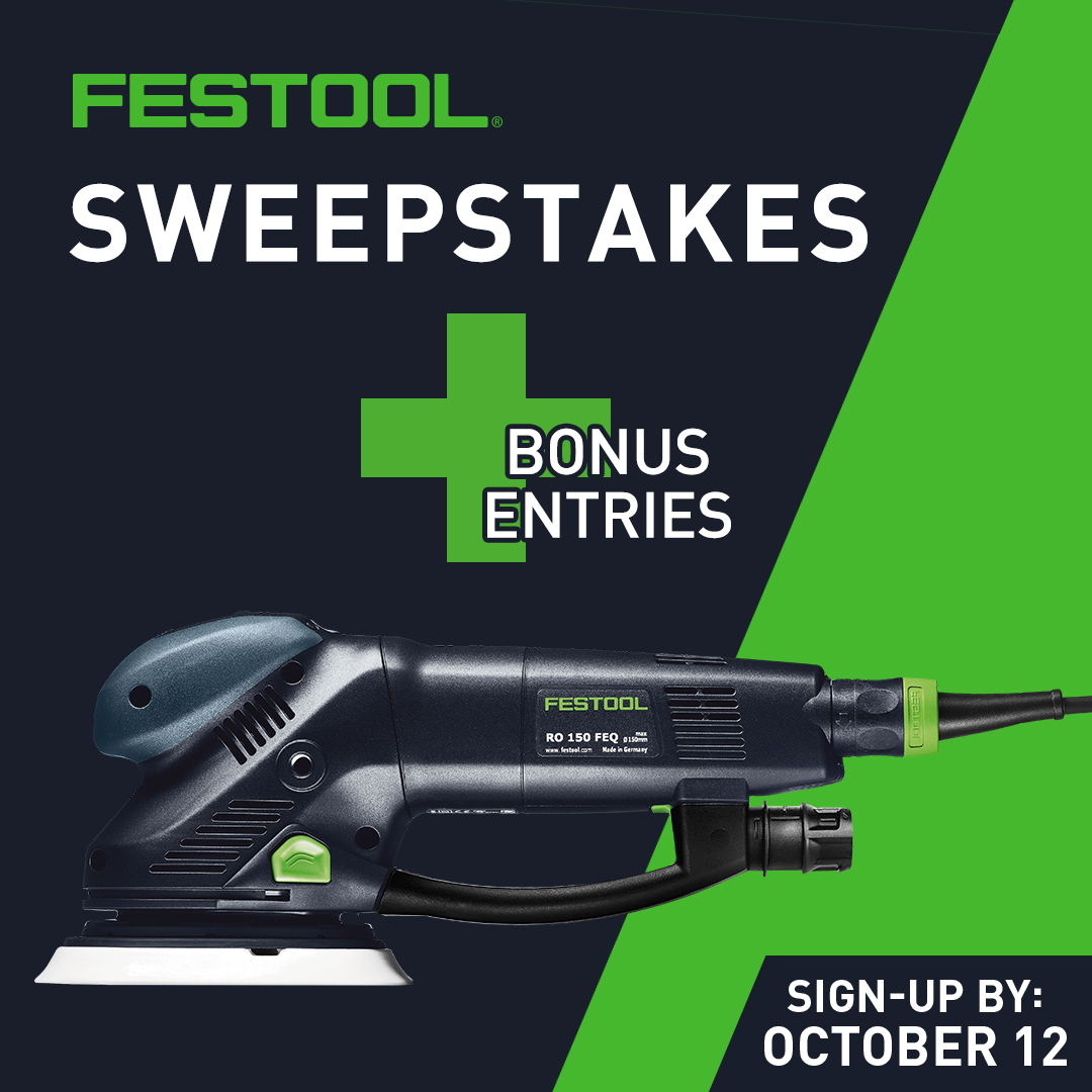 Festool RO 150 FEQ sander on green and black sweepstakes promotional graphic