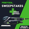 Festool RO 150 FEQ sander on green and black sweepstakes promotional graphic