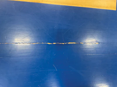 With the relative humidity hopelessly out of spec for months, the paint on the new gym floor was chipping at board edges.