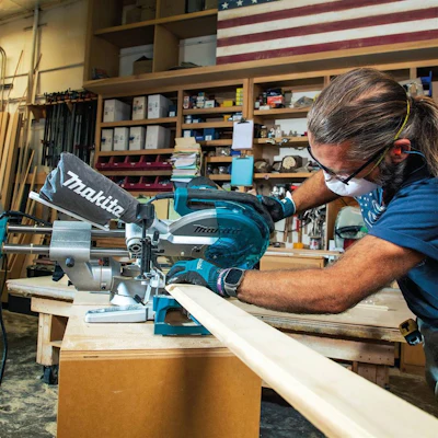 Makita 10' Slide Compound Miter Saw Ls1110 F Action Shot (baseboard Bevel Cut)
