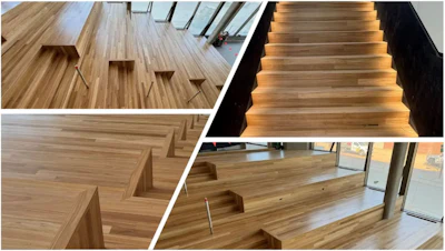 Manufacturer: Hurford’s | Product: Spotted gum | Finish: Loba | Adhesive: Sika | Equipment: Frank