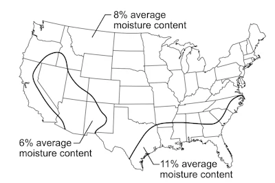 Figure 13-1 from Chapter 13 of the Wood Handbook shows recommended average moisture content for interior use of wood products in various areas of the United States.
