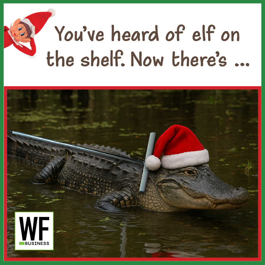 Alligator wearing Santa hat in swamp, humorous holiday meme with WF Business logo