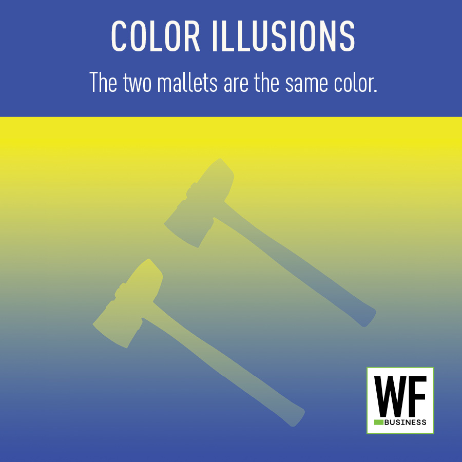 Color illusion graphic showing two identical mallets against gradient background