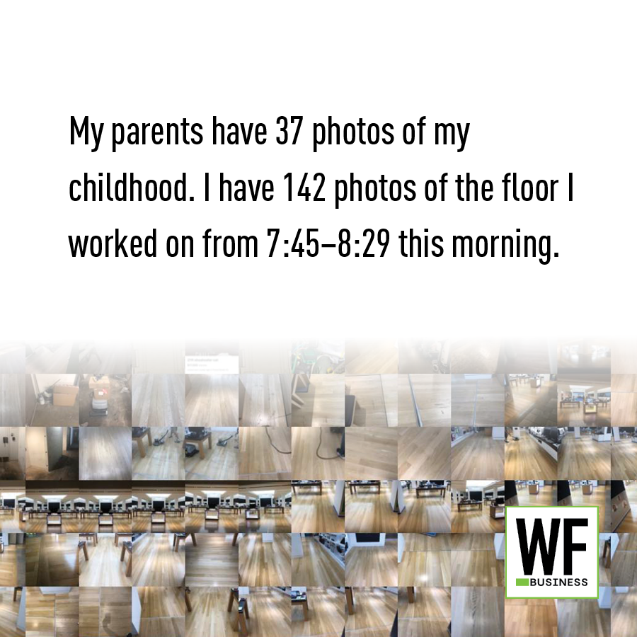 Collage of wooden floor photos with WF Business logo, showing 142 images from 7:45-8:29
