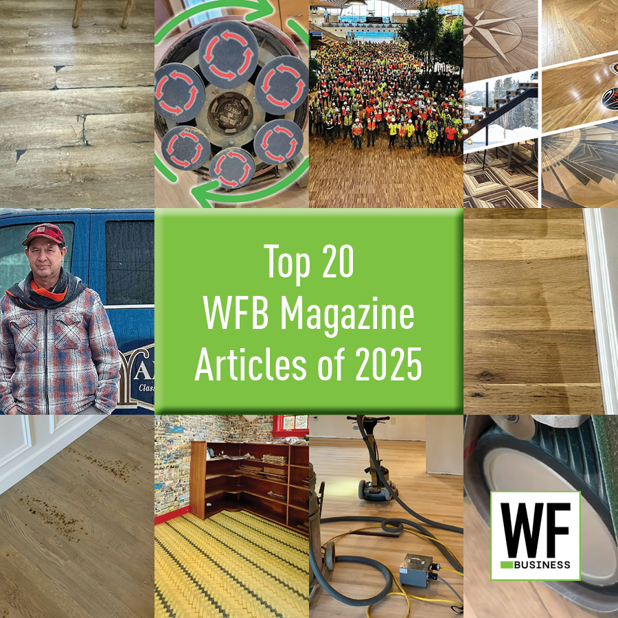 WF Business magazine collection showcasing top 20 articles with wood flooring and workplace images