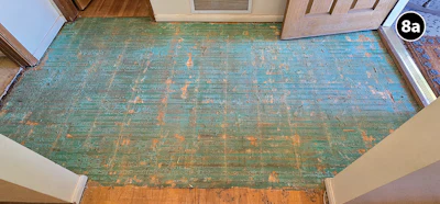 With bamboo demo done, we were left with two types of adhesive to remove (and many board replacements to do).