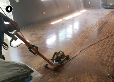 This photo from a different job shows my worm-drive saw on a stick that saves immense time when doing demo on an old floor.