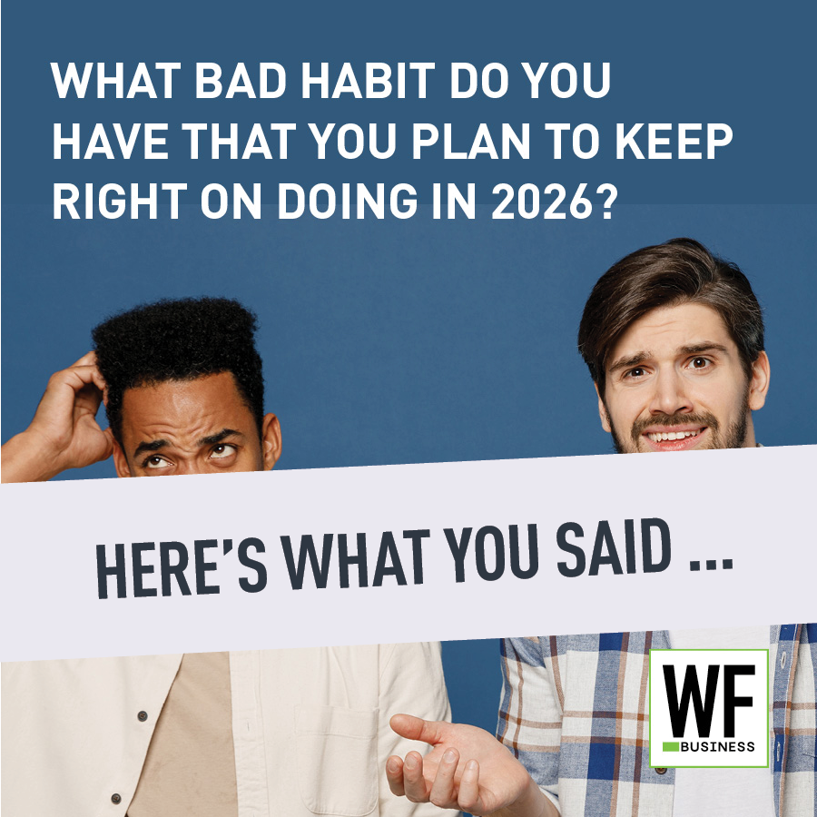 Two men react humorously to a question about bad habits in 2026