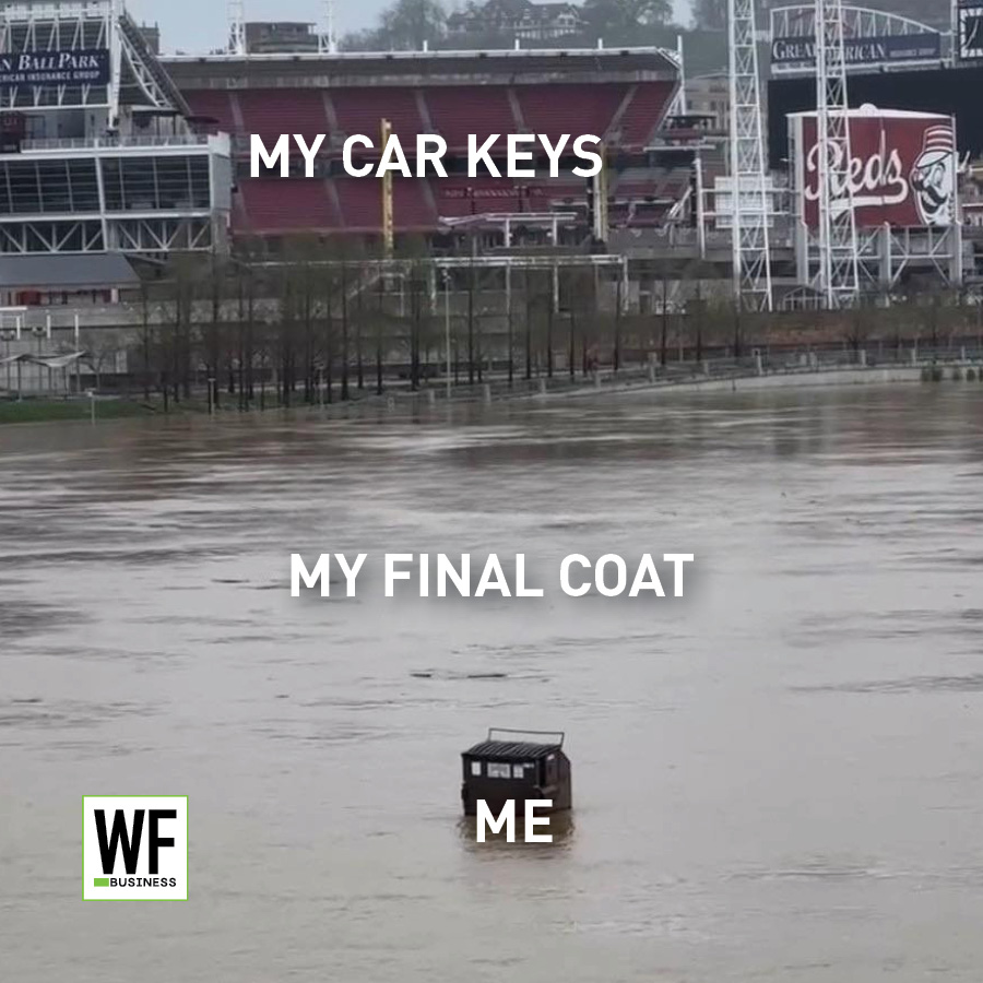 Humorous meme showing flooded stadium with text comparing car keys, final coat, and 'me'
