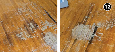We discovered these pet stains once the adhesive was removed—so another change order had to be approved to replace the flooring.