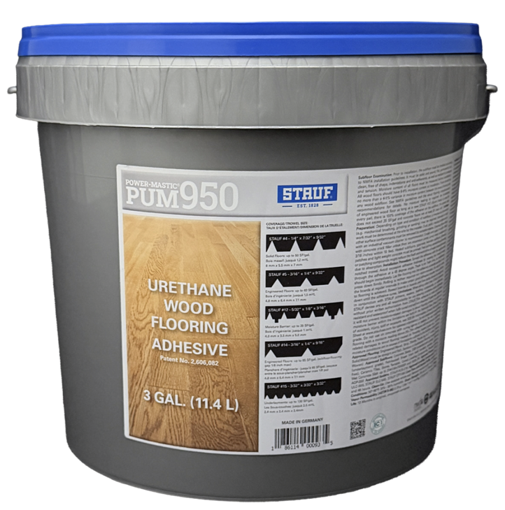 Stauf PUM950 3-gallon bucket of urethane wood flooring adhesive