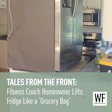 Kitchen with stainless steel refrigerator and stove, news headline about fitness coach