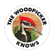 Woodpecker mascot with red cap and glasses on wooden background
