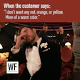 Meme about customer color preferences with frustrated person in tuxedo