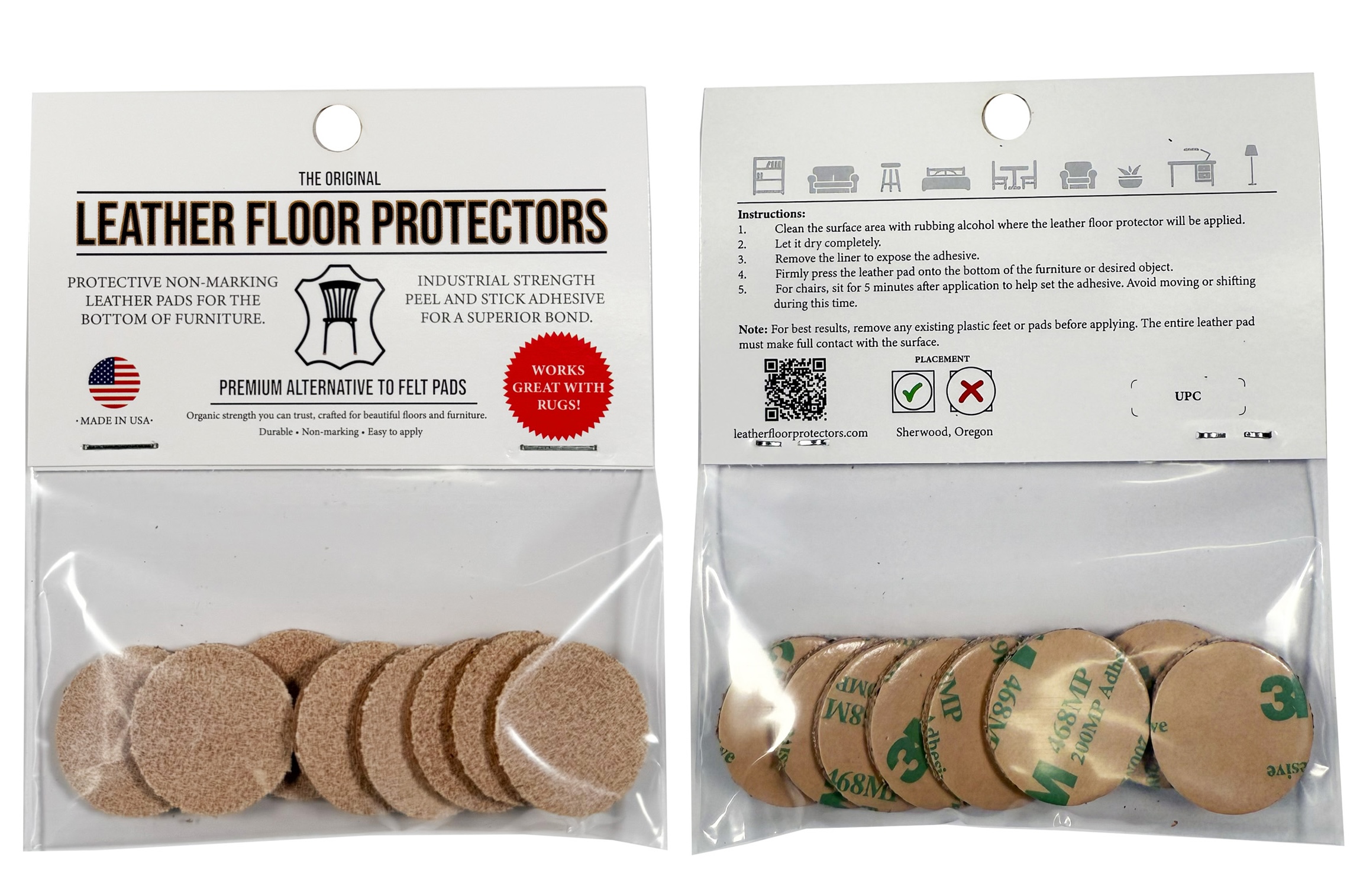 Two packages of leather furniture floor protector pads in tan and beige colors