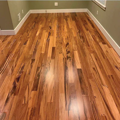 A tigerwood floor by Jorge Perez, now an adhesives rep at Bona US. “Tigerwood dust can be tricky and oily,” he advises. “All activity will show, so fine-tune your machines!“