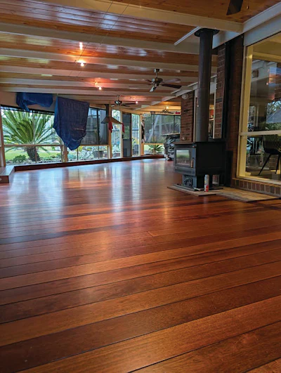 A merbau floor by Clint Fudge of Clint Fudge Floor Sanding in Botanic Ridge, Australia. “Merbau is very durable; here it is generally only used as an outdoor timber, for decks and patios. This floor was originally a deck, but the owners filled it in with walls and a roof and effectivity turned it into an indoor space,” he explains, adding that it’s a dense wood. “I find the higher density timbers easier to sand than the softer ones.”