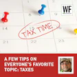 Calendar with tax time reminder circled in red, push pins, and WE Business logo