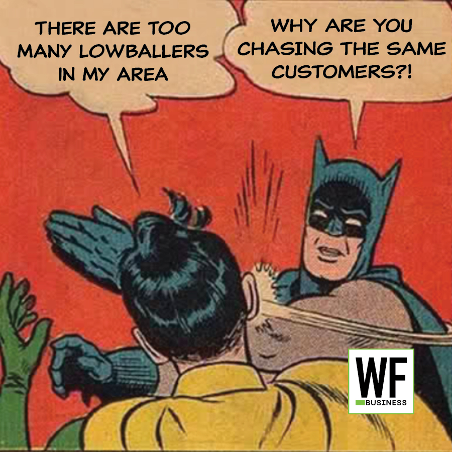 Batman slapping Robin meme with business competition dialogue and WE Business logo