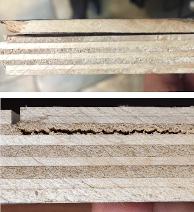 Bond line failure (often referred to as “delamination”), shown at top, and shear, shown at bottom, are often used interchangeably but are different problems with different causes.