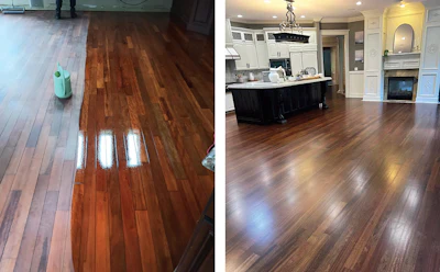 At left, Brazilian cherry being coated with poly by Glenn Harris. “Wear a respirator—that red dust is brutal,” he cautions. At right, Brazilian cherry stained with a traditional oil-based stain and coated with waterborne finish by Jorge Perez. The species is easy to stain, he says: “Nothing different than oak—it’s just wood.”