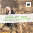 Professional man in glasses and business suit standing against textured wall with WE Business logo promoting Night Watch mosaic exhibition