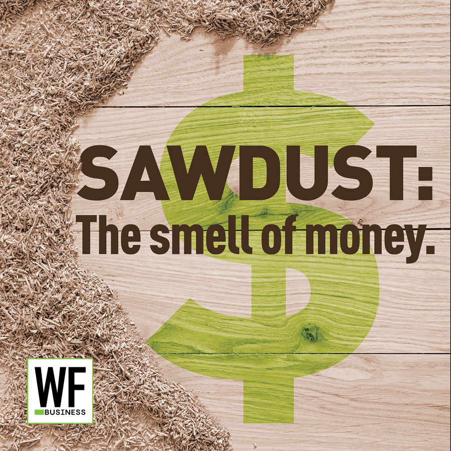 Sawdust with dollar sign symbol and WE Business logo promoting 'The smell of money' concept