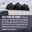 Van with three black trash bags on roof, WF Business logo in corner