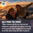 Two young men laughing joyfully above clouds at sunset with WF Business logo