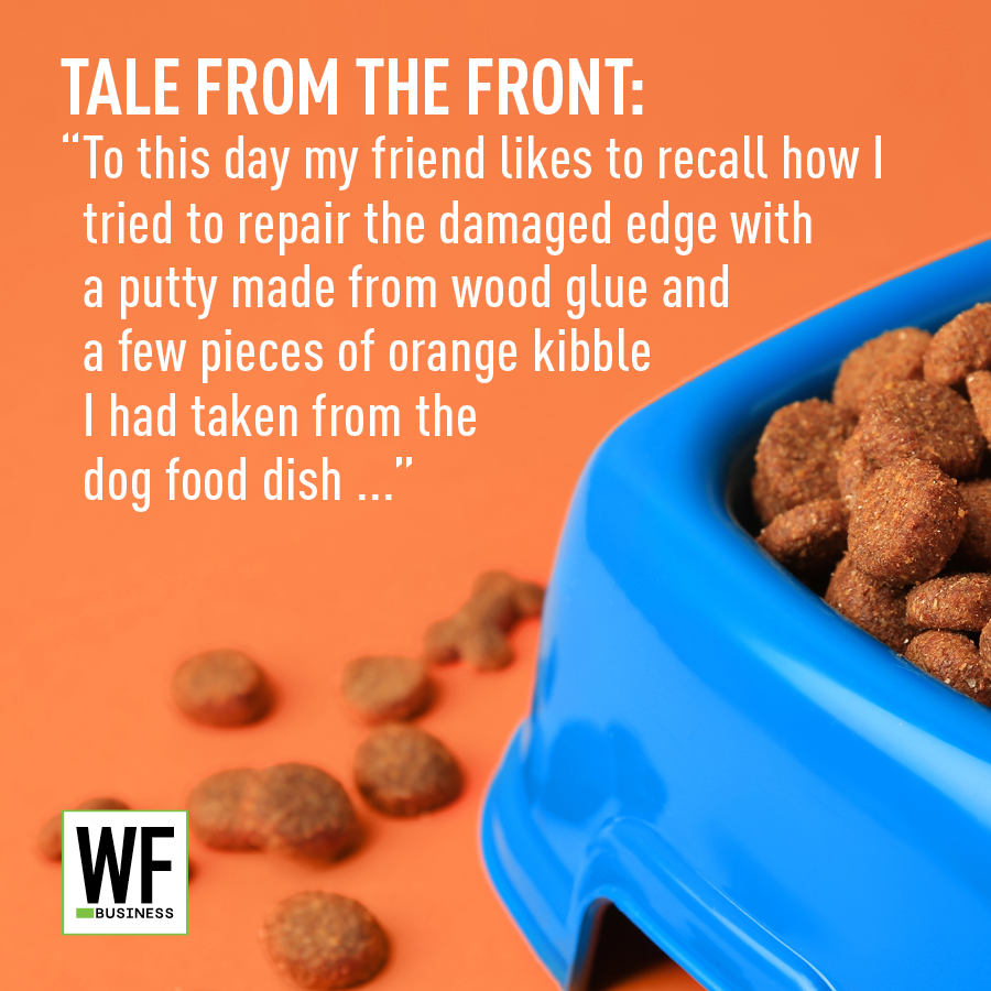 Humorous story about DIY furniture repair using dog kibble and wood glue, featuring blue pet food bowl with kibble on orange background