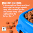 Humorous story about DIY furniture repair using dog kibble and wood glue, featuring blue pet food bowl with kibble on orange background