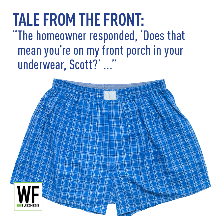 Blue plaid boxer shorts with humorous caption about homeowner confrontation