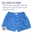 Blue plaid boxer shorts with humorous caption about homeowner confrontation