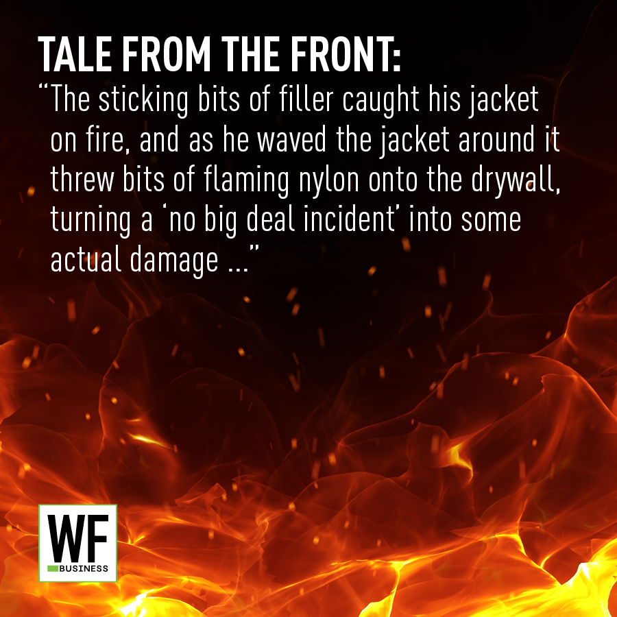 Flaming nylon safety hazard story with WE Business logo on fire background