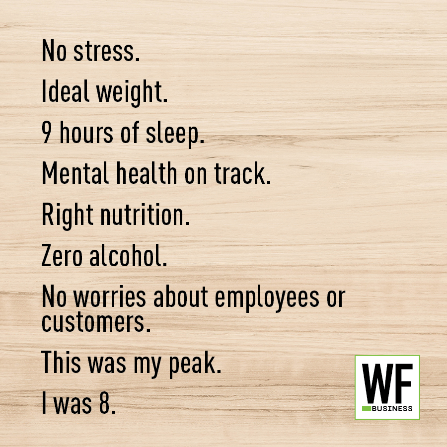 Motivational wellness checklist with WE Business logo highlighting life balance at age 8