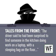 Mysterious figure in fedora and mask peering over wall with WE Business logo, illustrating security breach narrative