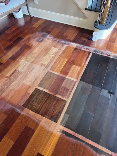 You have to understand how stain will look on different grades and species; these samples were done on a Brazilian cherry floor.